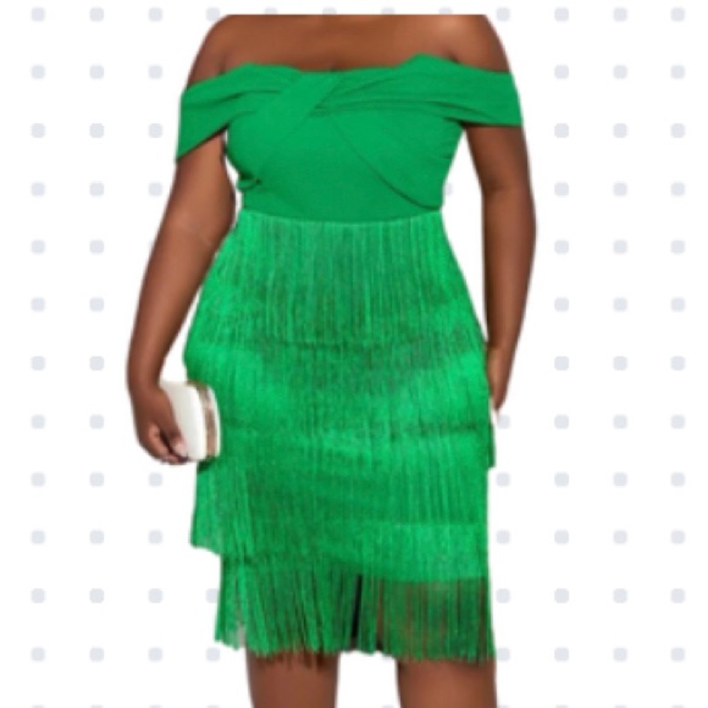 Plus size green fringe dress